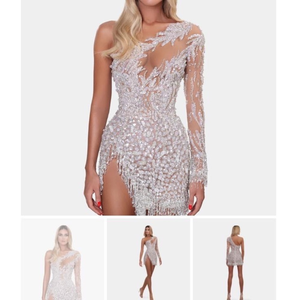Albina Dyla Sequin Fringe Mini Dress One Shoulder Size 00
